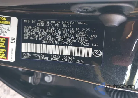 2020 Lexus Es 350 z USA, uszkodzony, nr VIN 58ADZ1B18LU079700